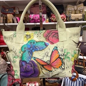 Anuschka Green Floral and Butterfly Tote